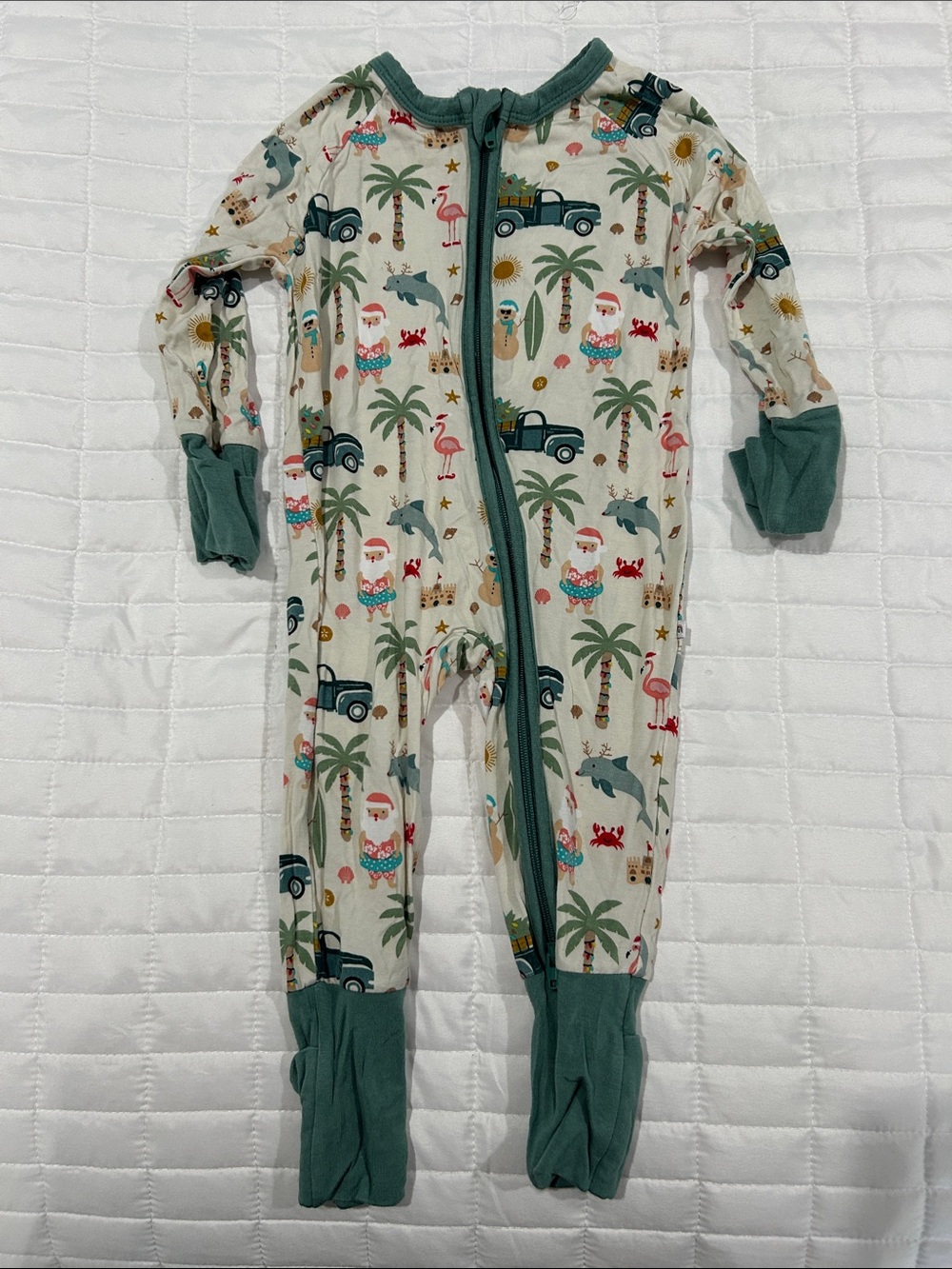 Cream Tropical-Print Footie with Green Trim - Kids One-Piece
